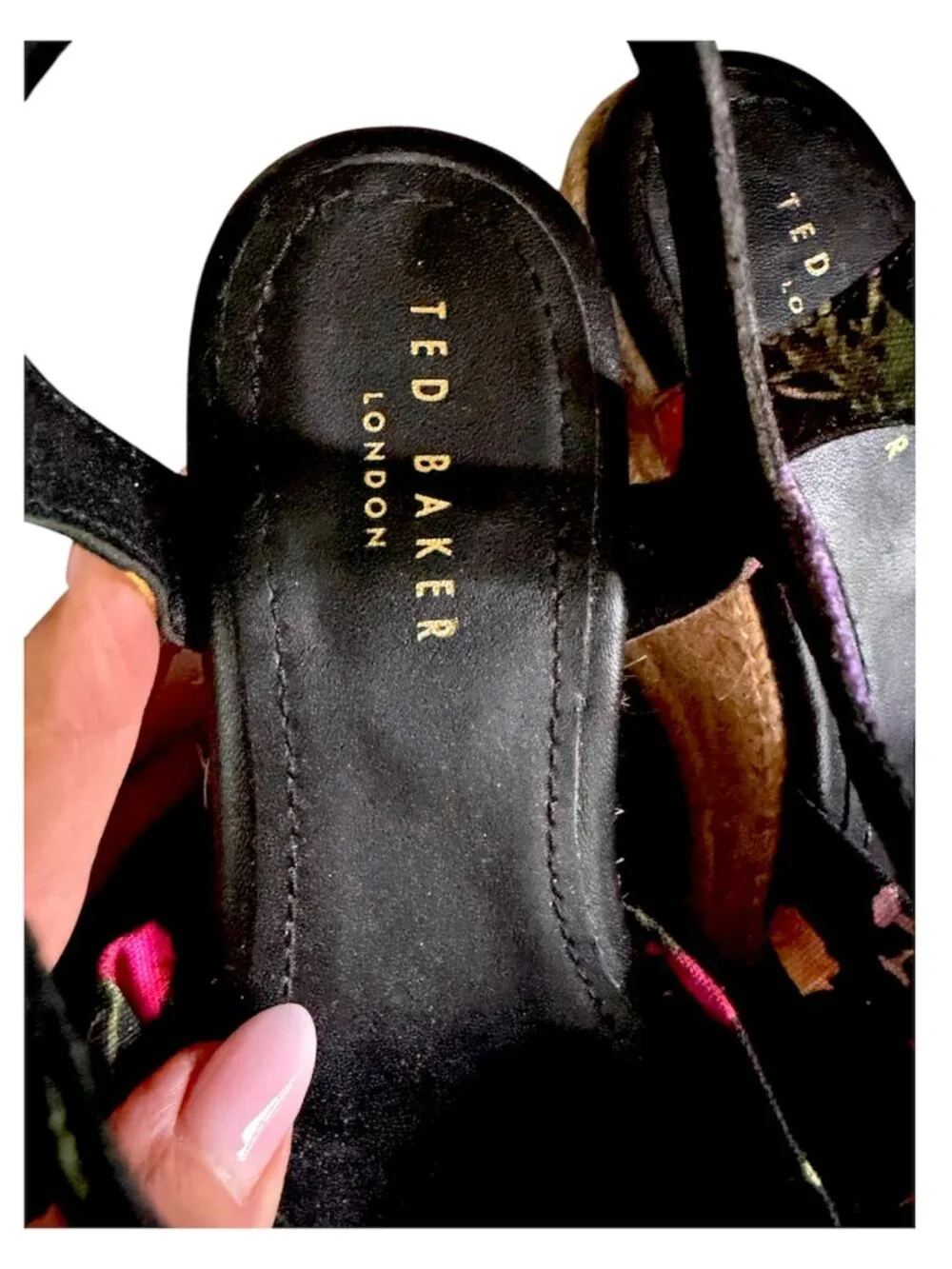 Ted Baker London Luxury Cardone Black Floral Espadrille Platform Wedge Heels 8.5